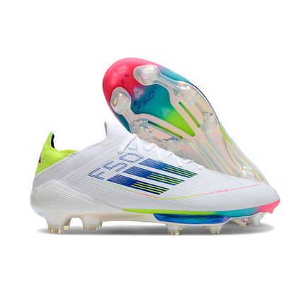 Adidas F50 Elite FG Laceless Fast Reborn - Branca, Azul, Verde e Rosa
